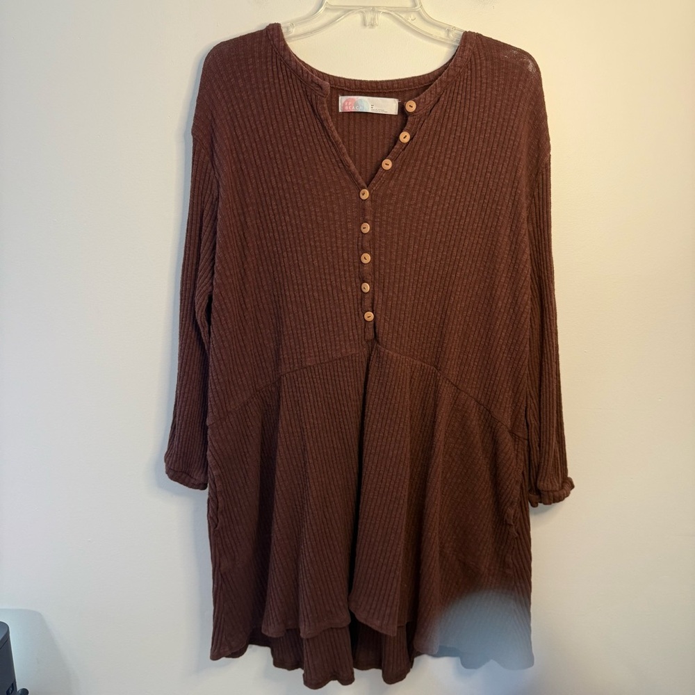 Free People Beach Blossom Button Henley Dress Medium Brown